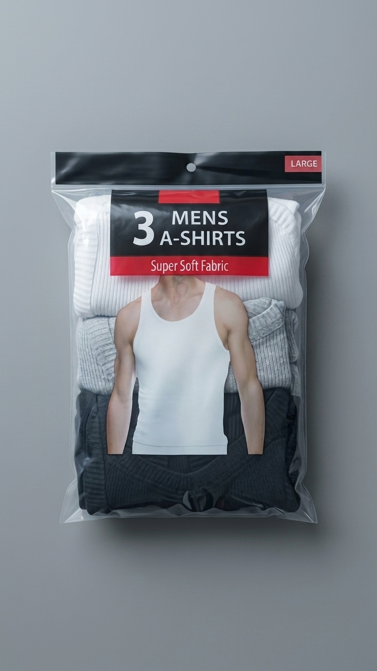 Pack of three men's a-shirts with visible branding on a gray background