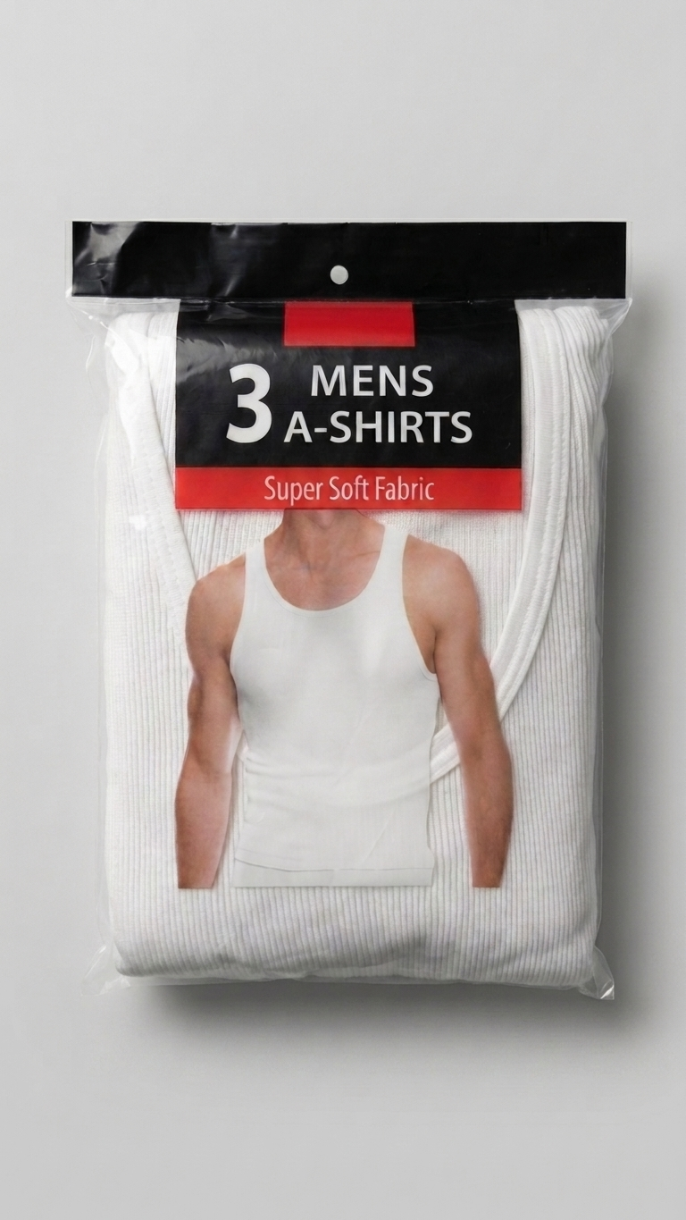 Pack of three men's a-shirts with packaging on a gray background