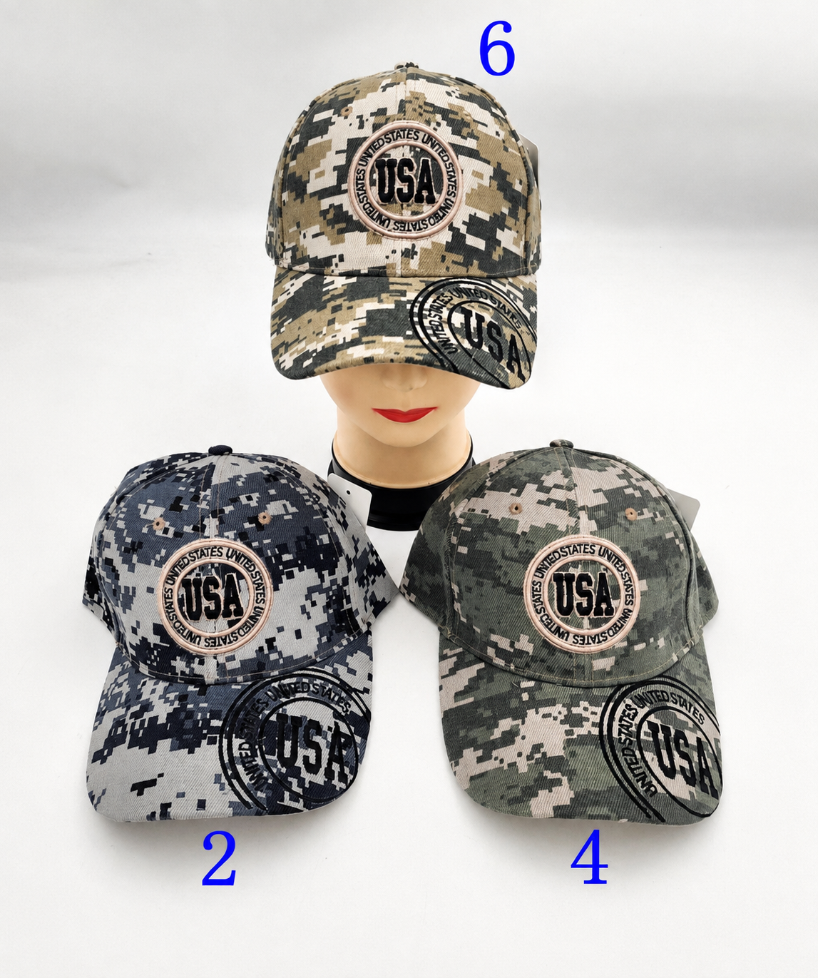 Three baseball caps in digital camouflage patterns are displayed on a white background, with one cap shown on a mannequin head. The top cap is labeled with the number 6, the bottom-left cap with 2, and the bottom-right cap with 4.