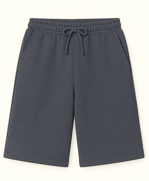 Charcoal shorts with a drawstring on a white background