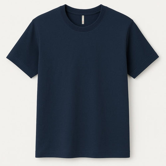 Navy blue t-shirt on a light gray background