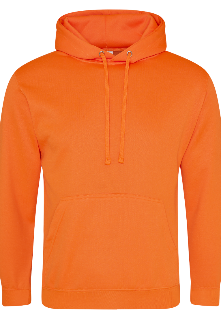 A bright orange pullover hoodie with matching drawstrings and a front kangaroo pocket, shown on a plain white background.