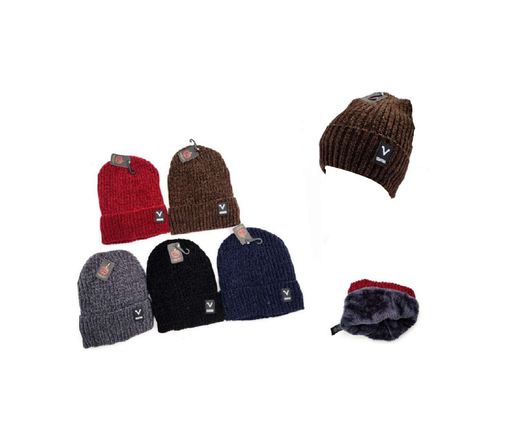 Collection of knit hats in various colors with a brand logo on a white background