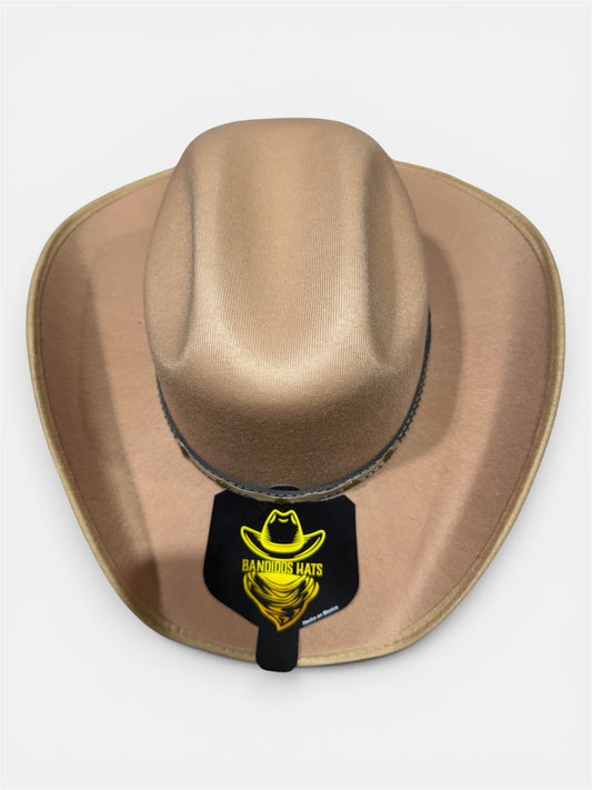 Beige cowboy hat with a black tag featuring a yellow logo on a white background