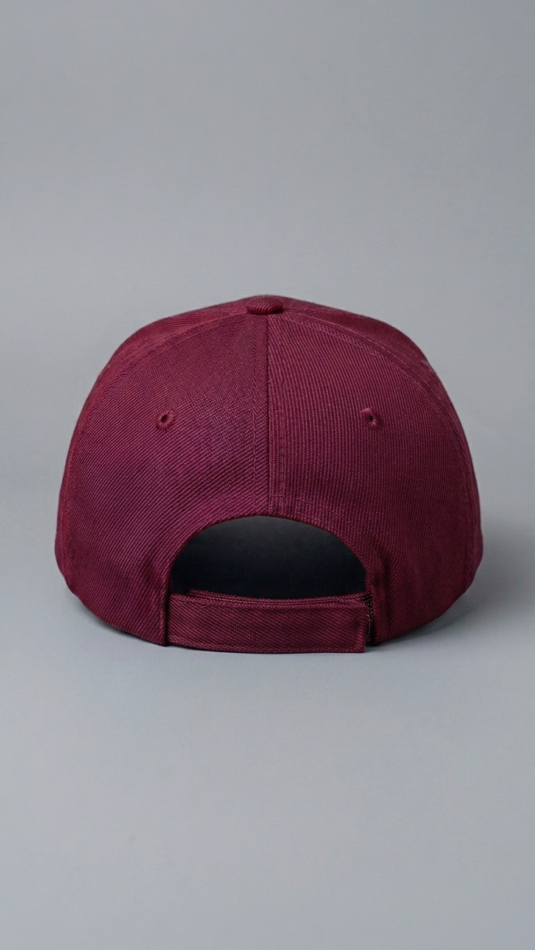 back of Maroon baseball cap on a gray background