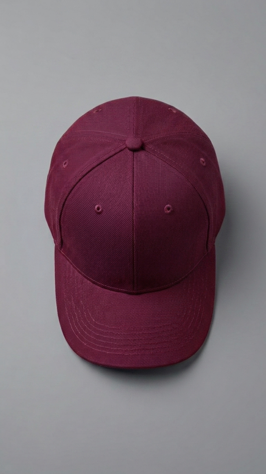 top of Maroon baseball cap on a gray background