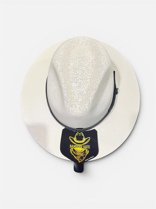 White straw hat with a black band featuring a logo on a white background