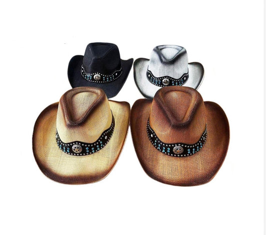 Four cowboy hats arranged in a 2x2 grid on a plain white background, showing black, white, tan, and brown options, each with a dark decorative band featuring silver-tone studs and a central concho-style emblem.