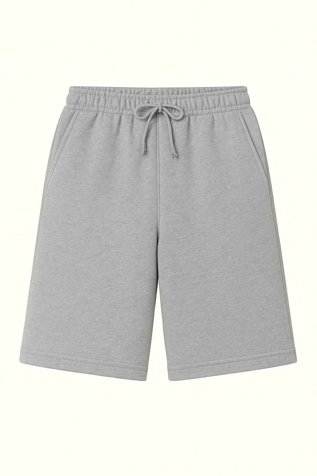 Gray shorts with a drawstring on a white background