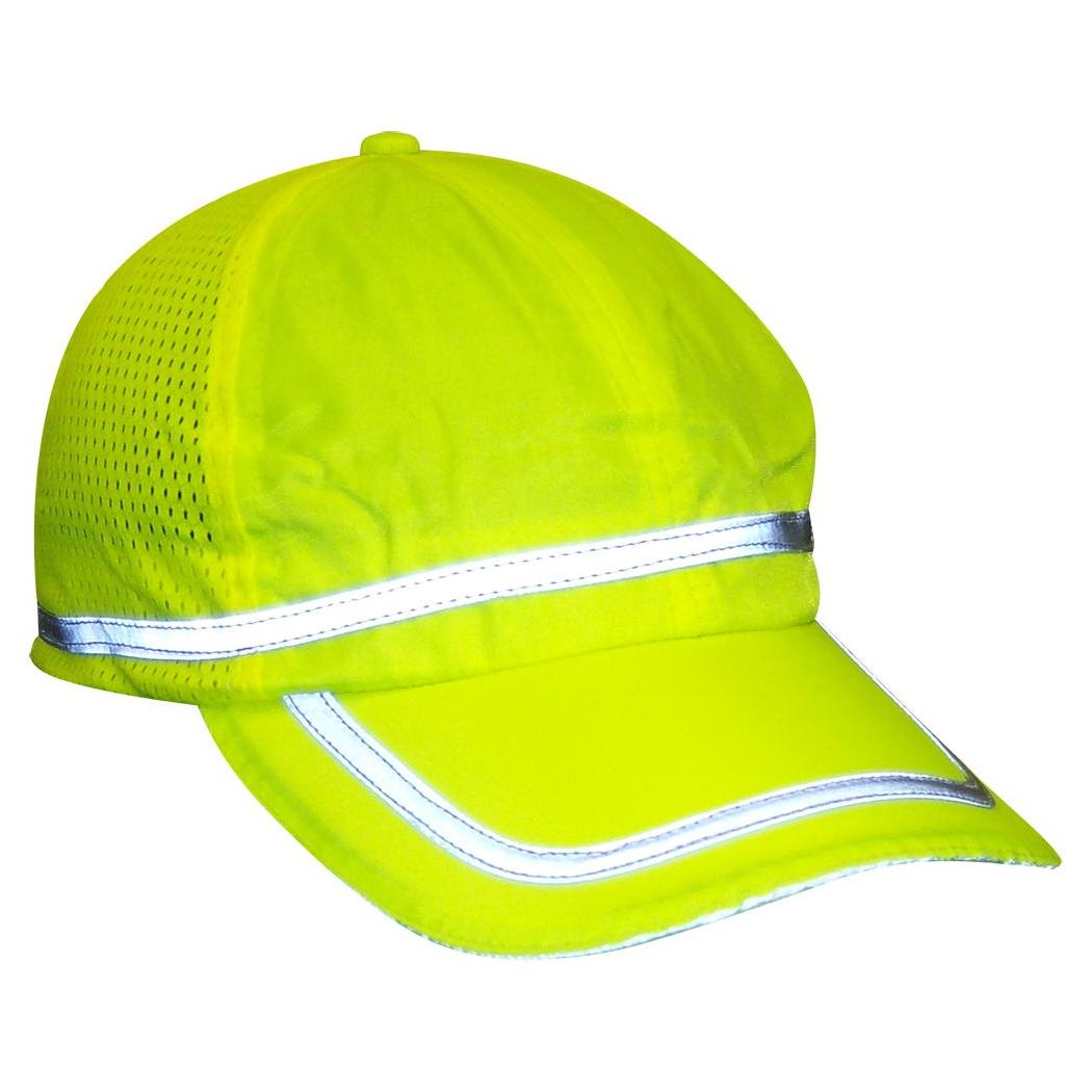 Yellow cap with reflective stripes on a white background