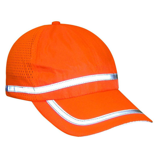 Orange cap with reflective stripes on a white background