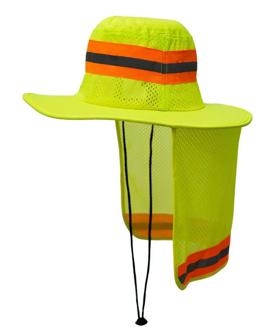 High-visibility safety hat with orange and black stripes on a white background