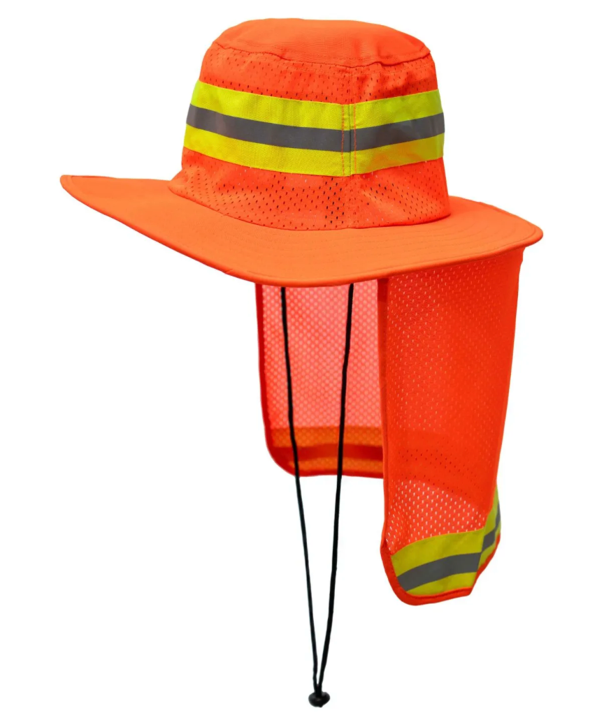 Orange safety hat with neck guard and reflective stripes on a white background