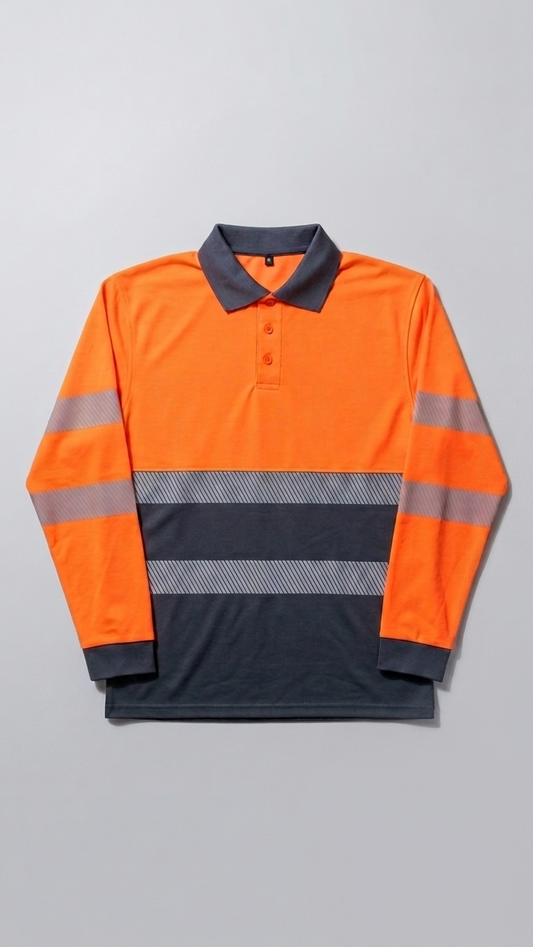 A long-sleeve high-visibility polo shirt in bright orange and dark gray, featuring reflective silver-gray stripes on the sleeves and across the chest.