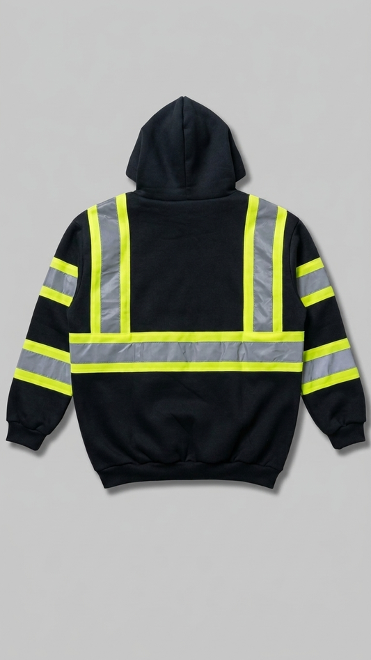 Black hoodie with reflective yellow and gray stripes on a gray background