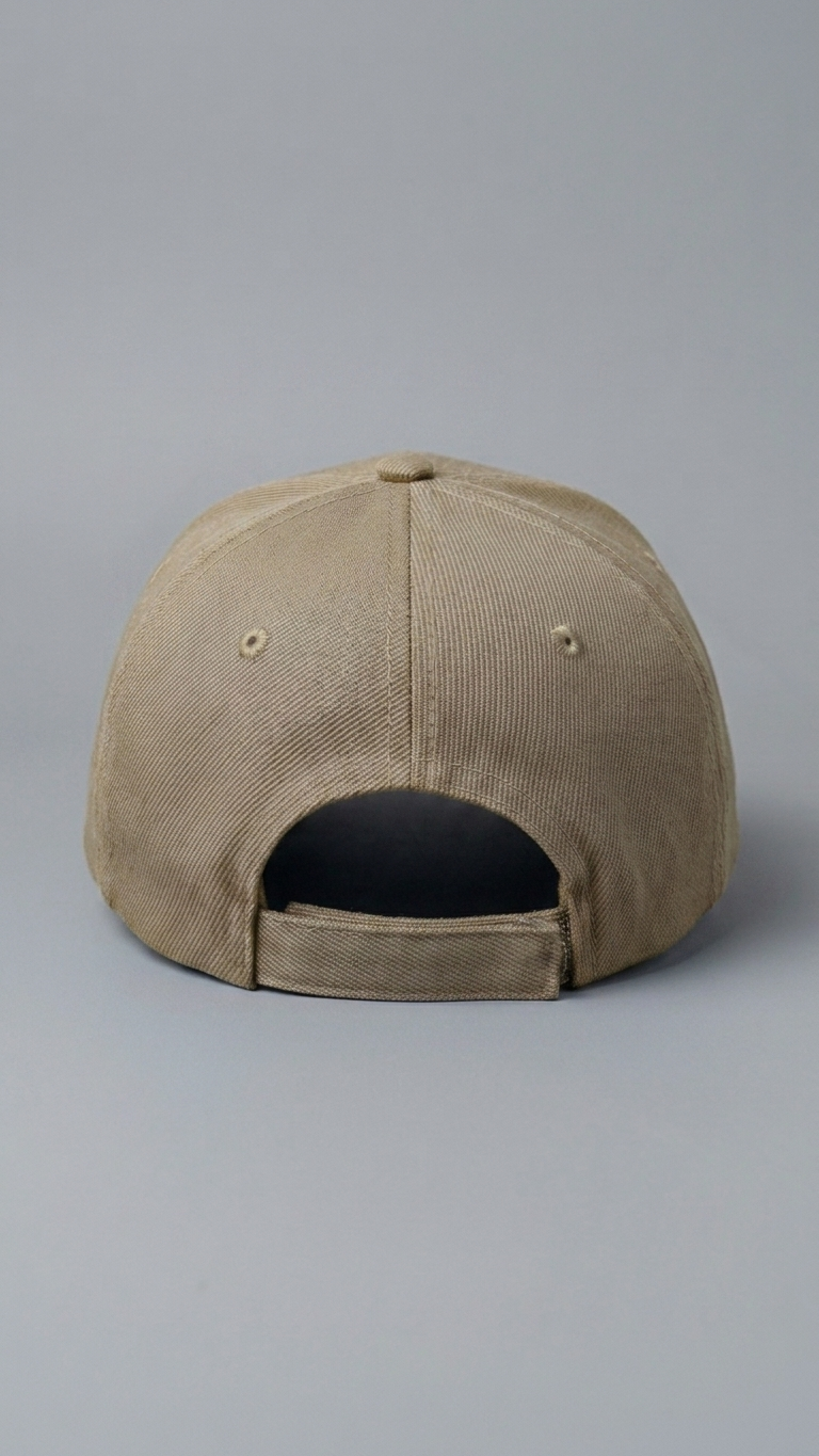 back of Beige baseball cap on a gray background