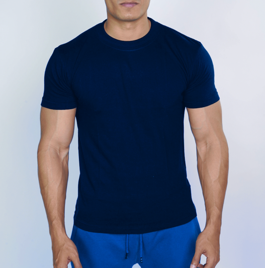 Person wearing a navy blue t-shirt against a white background