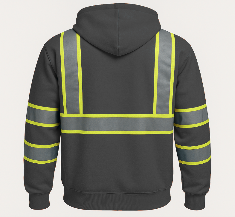 Black hoodie with reflective yellow stripes on a gray background
