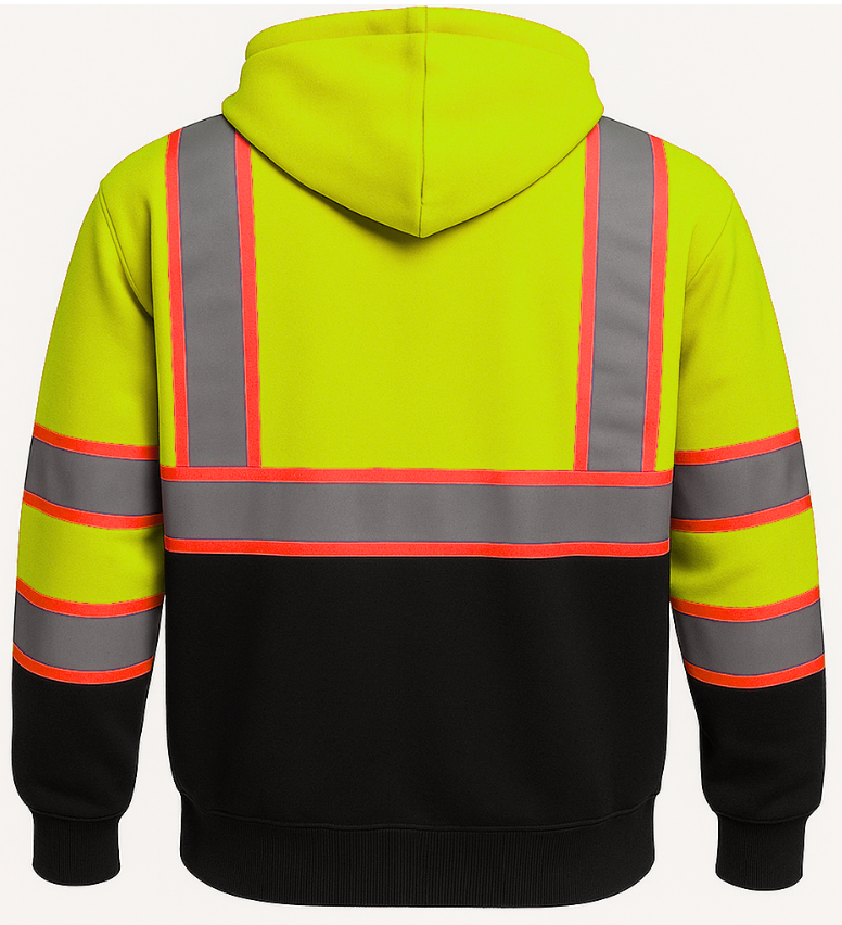 High-visibility hoodie with reflective stripes on a white background