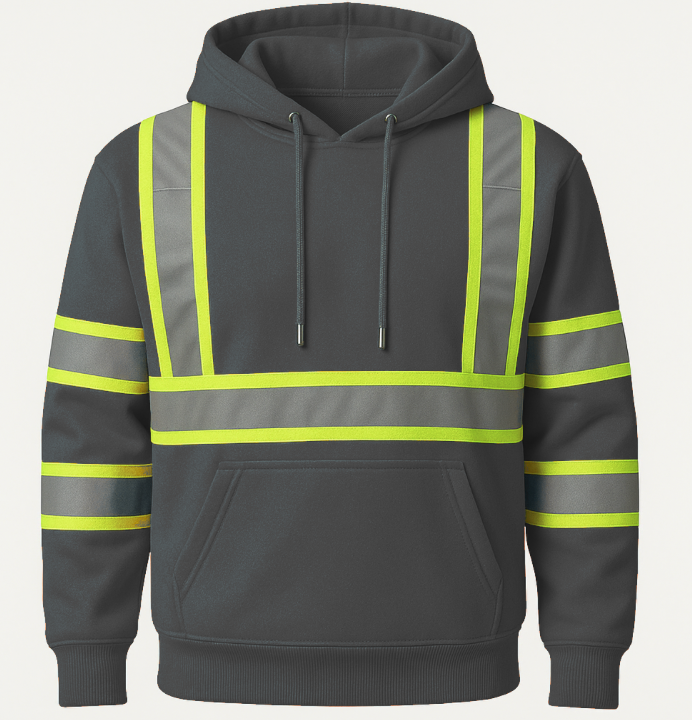 Dark gray hoodie with high-visibility yellow stripes on a light gray background