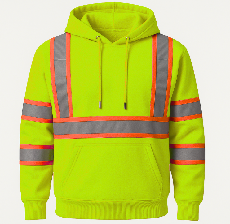 High-visibility green hoodie with reflective stripes on a white background