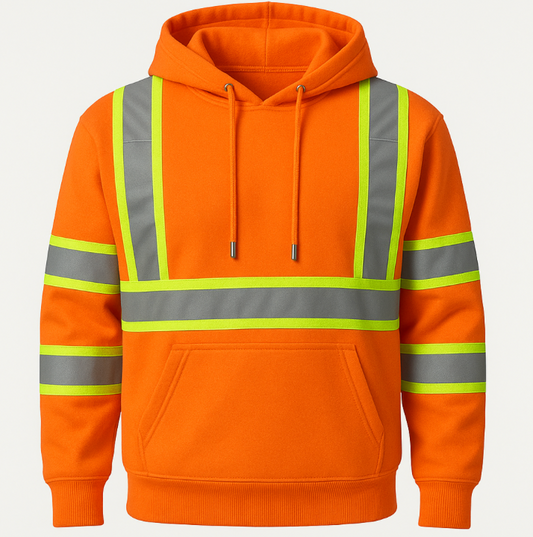 Orange hoodie with reflective stripes on a light gray background