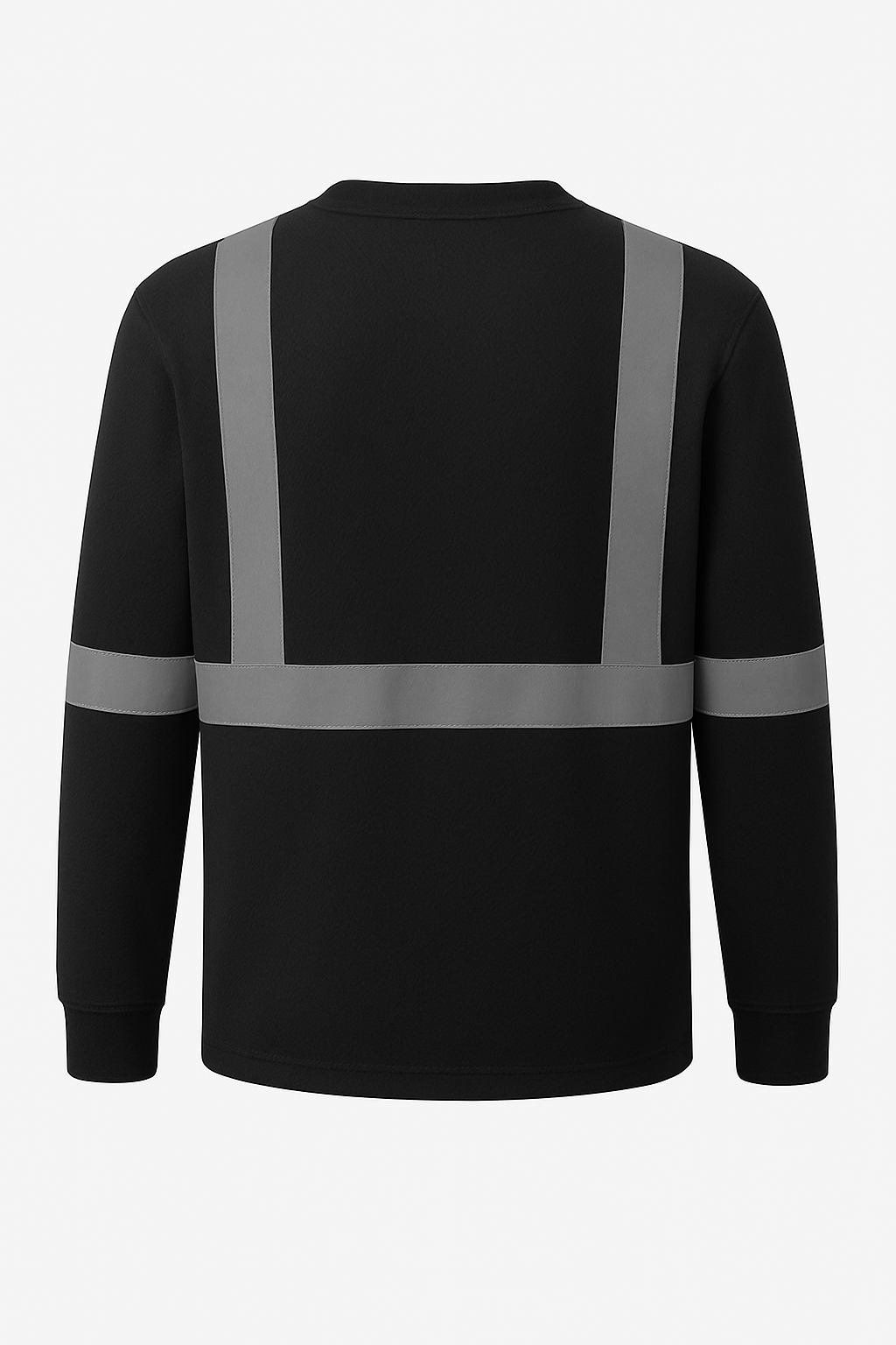 Black long-sleeve shirt with reflective gray stripes on a white background
