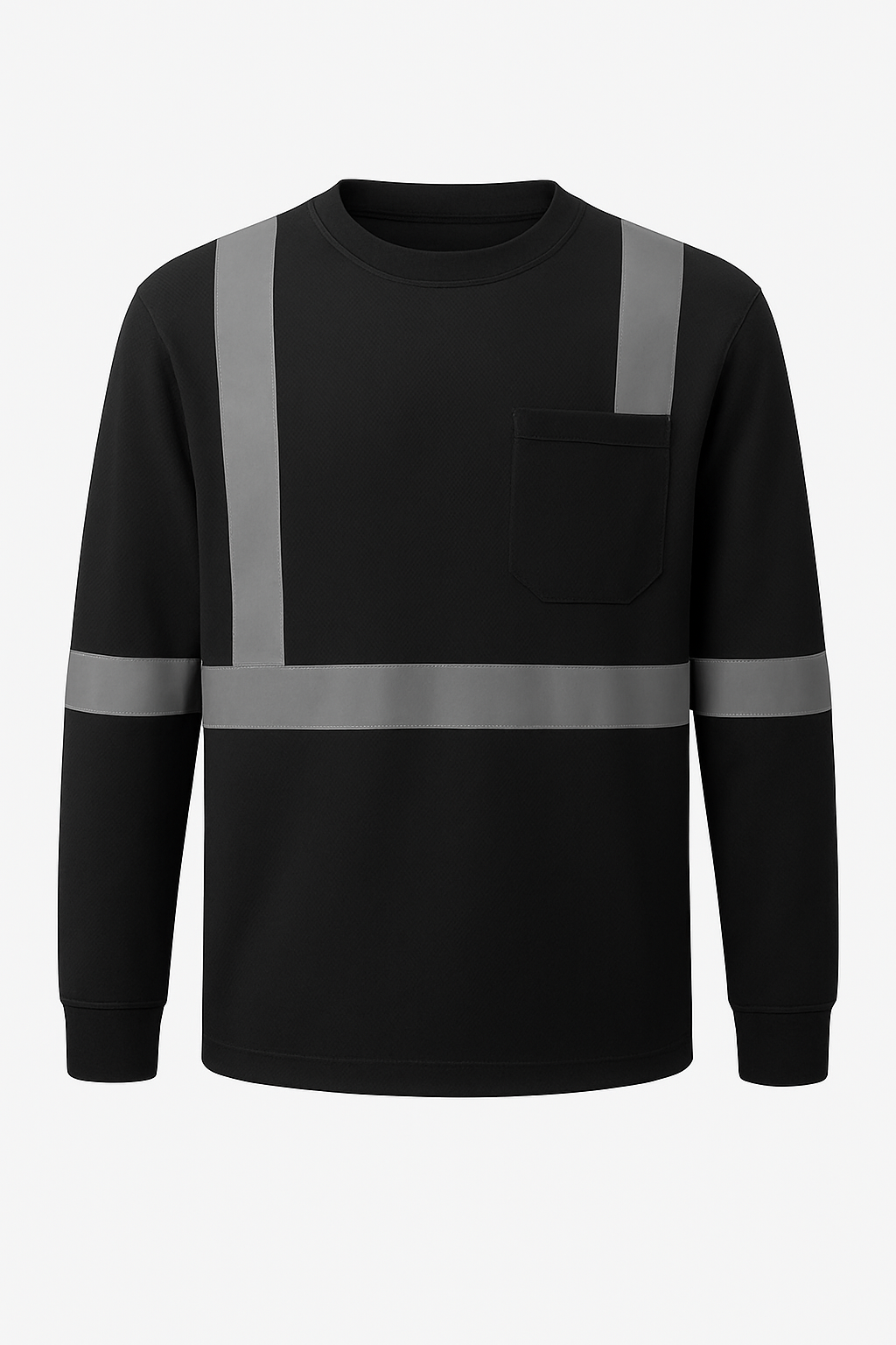 Black long-sleeve shirt with reflective gray stripes on a white background