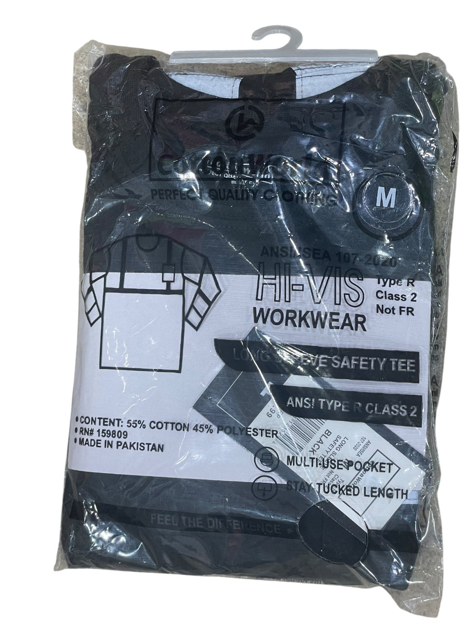 Packaged black safety crewneck with visible branding and text on a white background