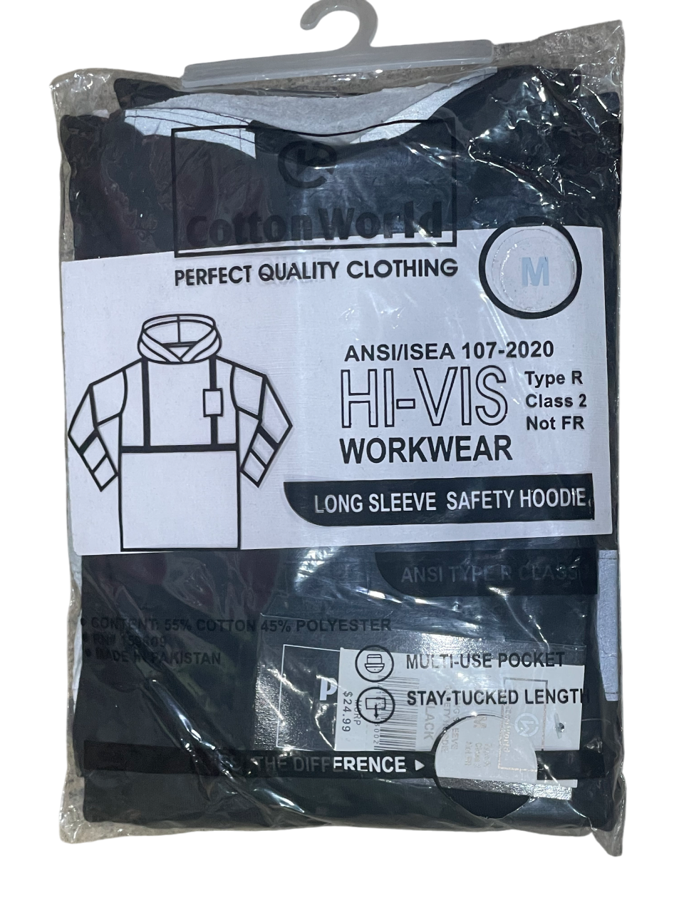 Packaged long-sleeve safety hoodie with visible branding and specifications on a white background