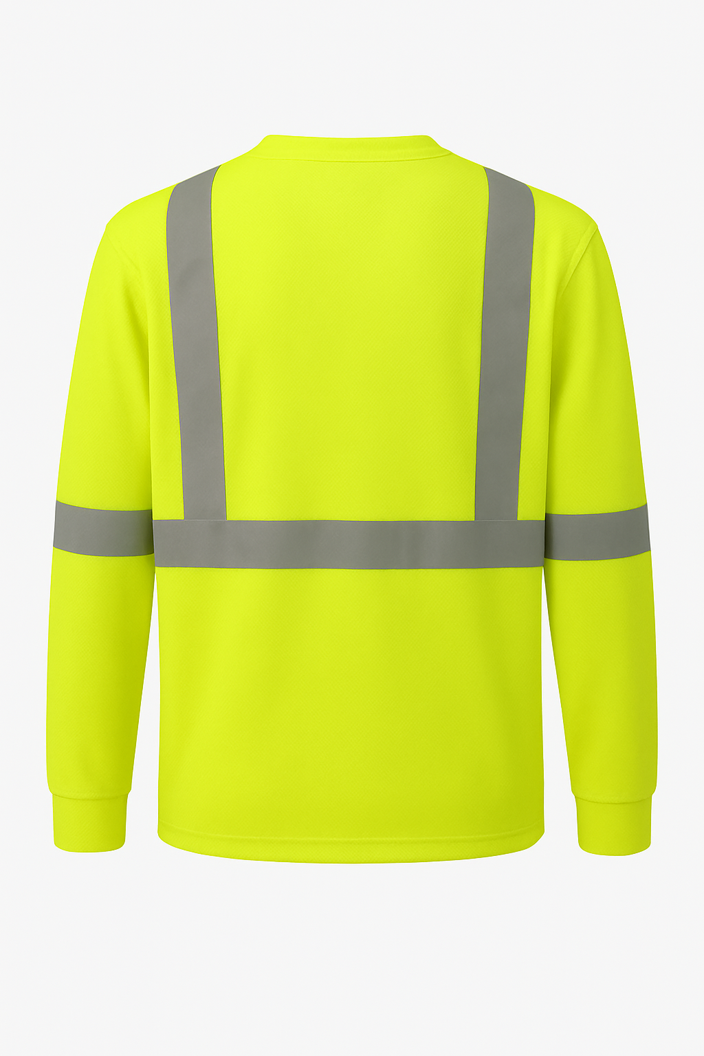 High-visibility yellow long-sleeve shirt with reflective stripes on a white background