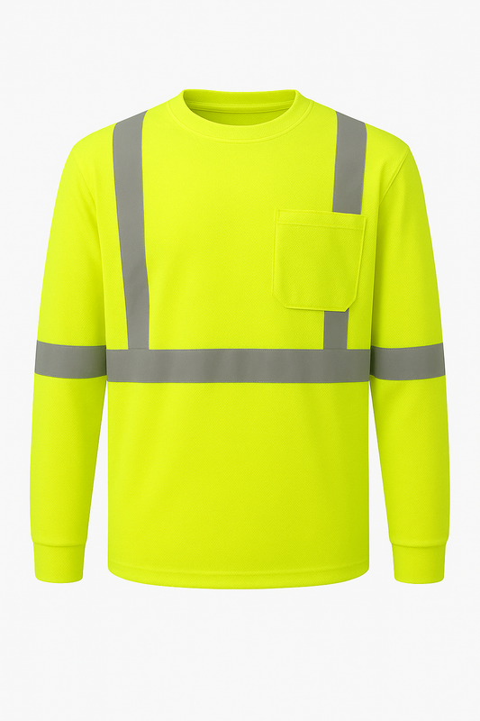 High-visibility yellow long-sleeve shirt with reflective stripes on a white background