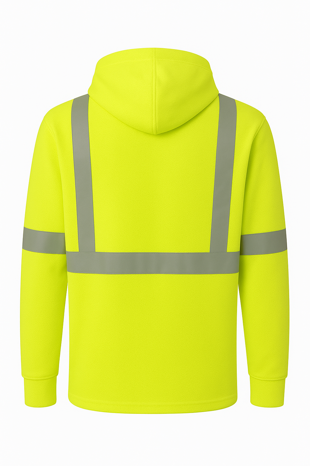Yellow safety hoodie with reflective stripes on a white background