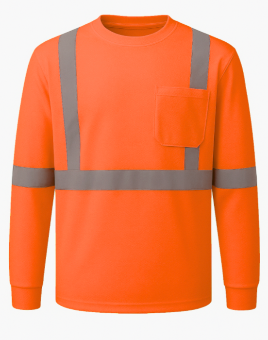 Orange long-sleeve shirt with reflective stripes on a white background