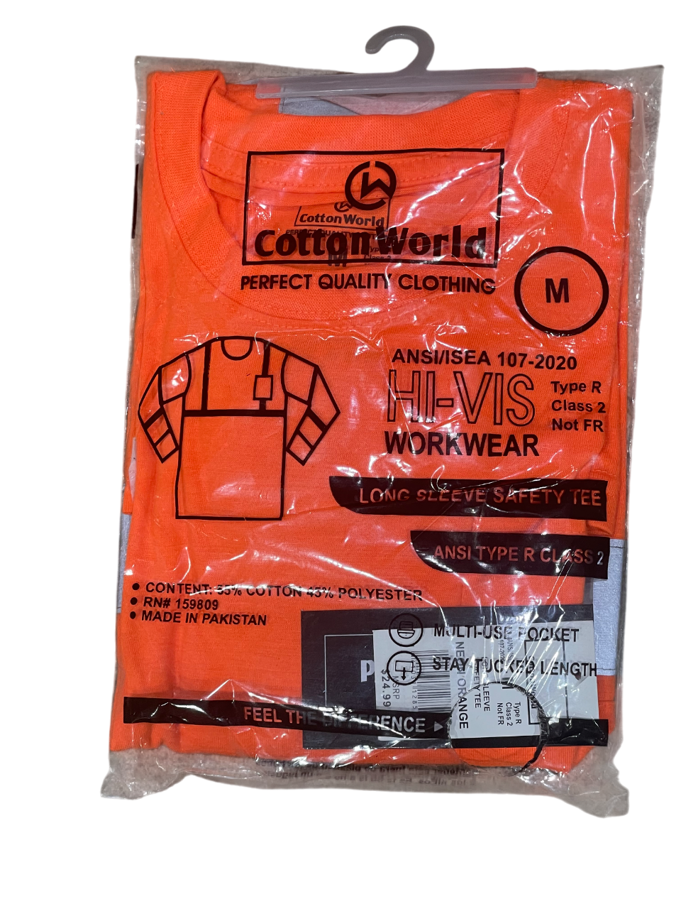 Orange long-sleeve safety shirt in packaging with Cotton World branding on a white background