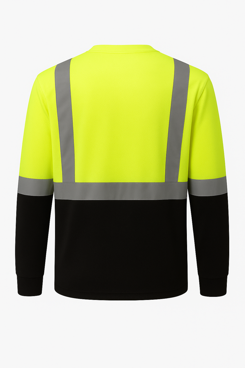 High-visibility safety shirt with yellow front and black sleeves on a white background