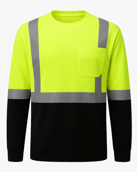 High-visibility safety shirt with reflective stripes on a white background