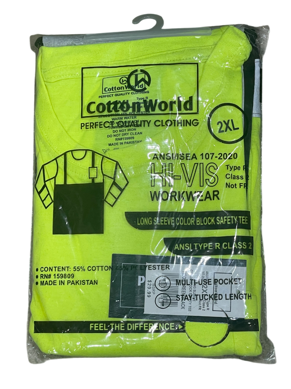 Packaged yellow long-sleeve shirt with Cotton World branding on a white background