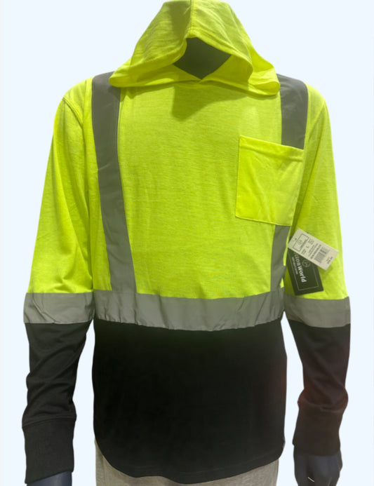 High-visibility safety jacket with reflective stripes on a white background