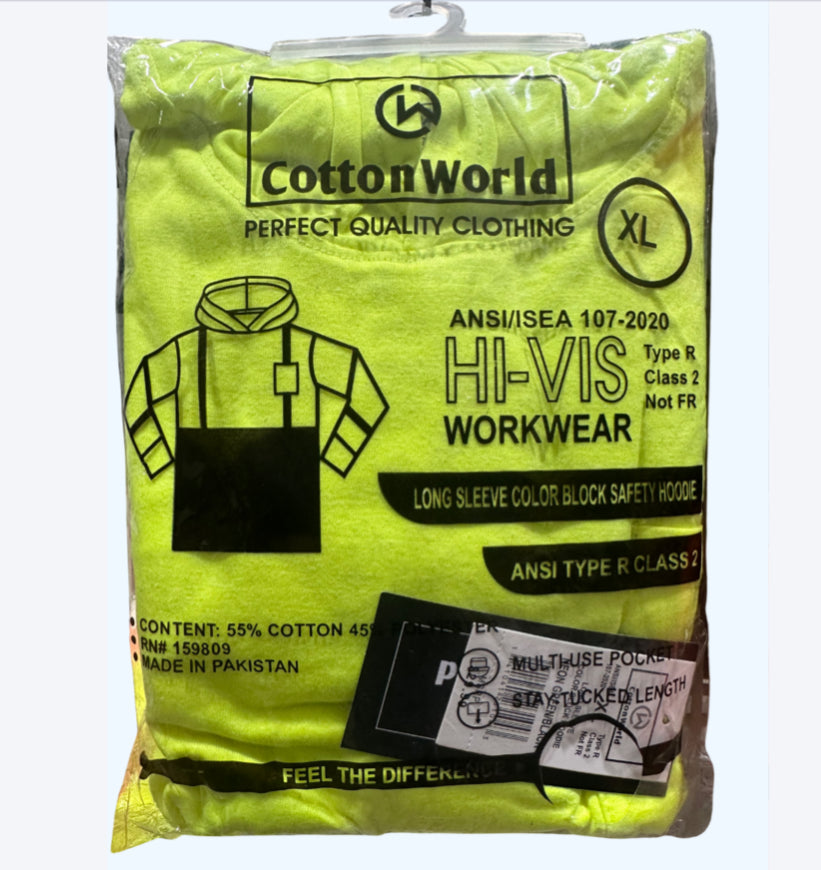Packaged yellow safety hoodie with Cotton World branding on a white background