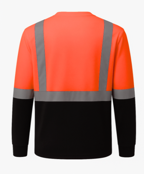 Orange and black safety shirt with reflective stripes on a white background