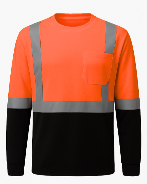 Orange and black long-sleeve shirt with reflective stripes on a white background