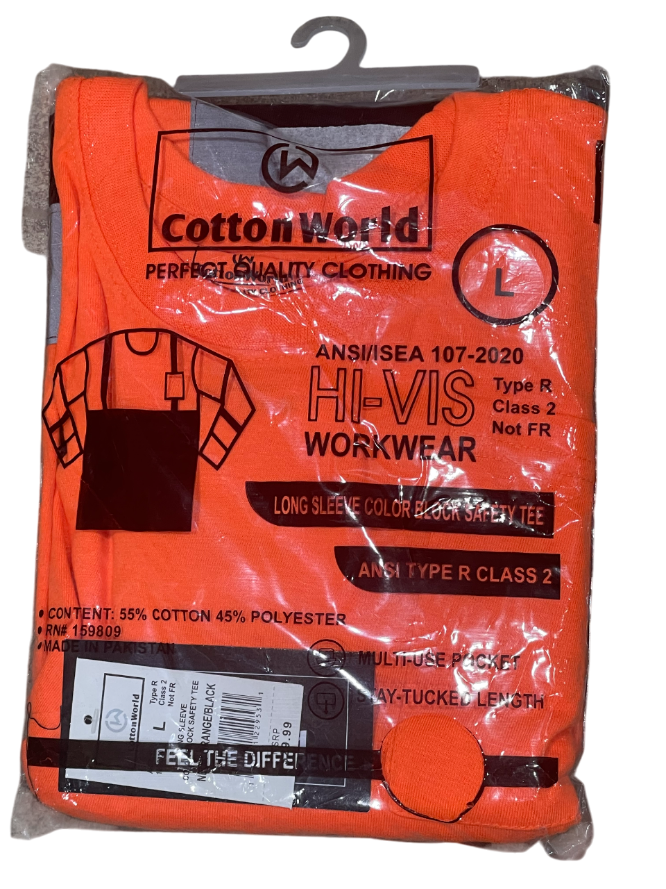 Packaged orange workwear with Cotton World branding on a white background