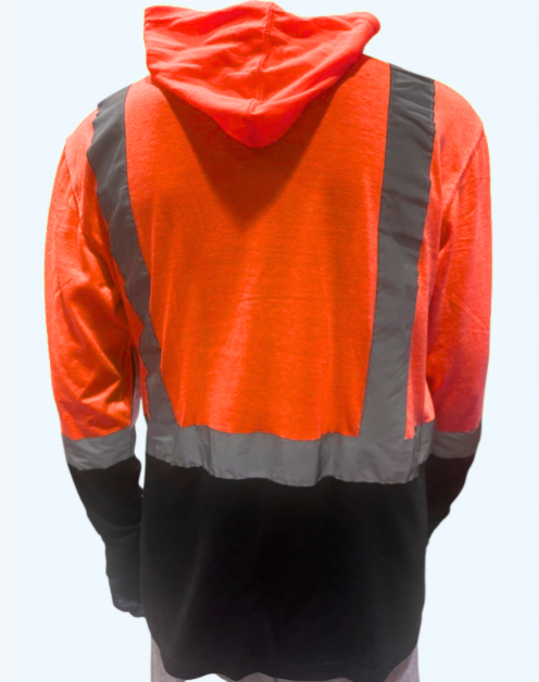 Orange safety jacket with reflective stripes on a white background