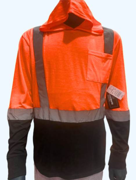 Orange and black safety jacket with reflective stripes on a white background