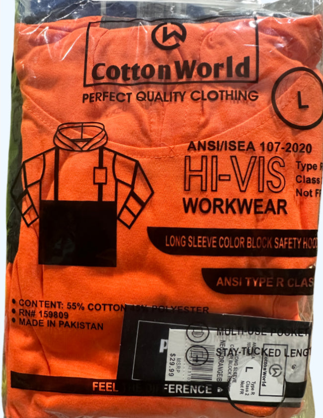 Orange safety hoodie packaging with Cotton World branding and safety gear labels.