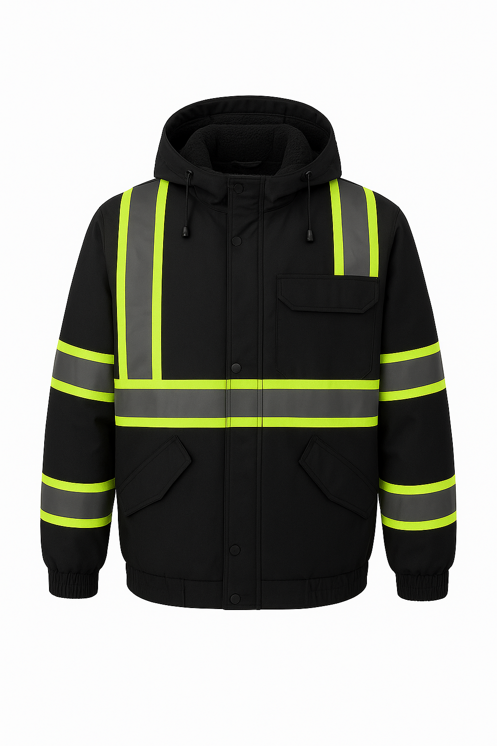 Black jacket with reflective yellow and gray stripes on a white background