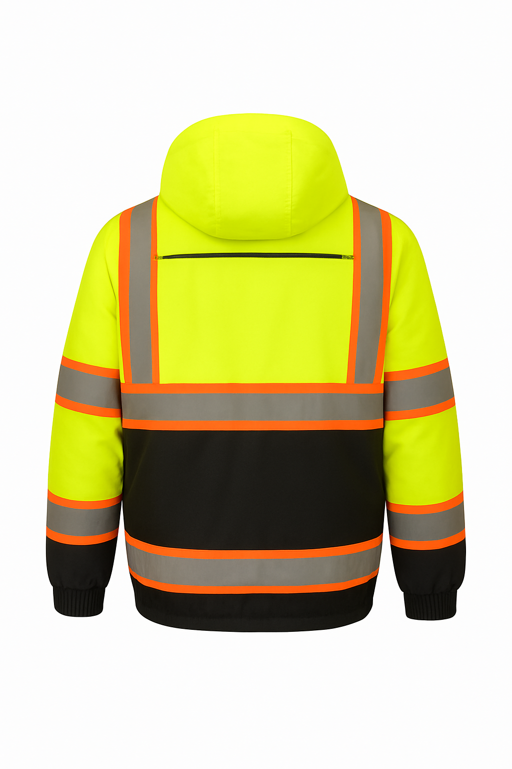 High-visibility safety jacket with reflective stripes on a white background