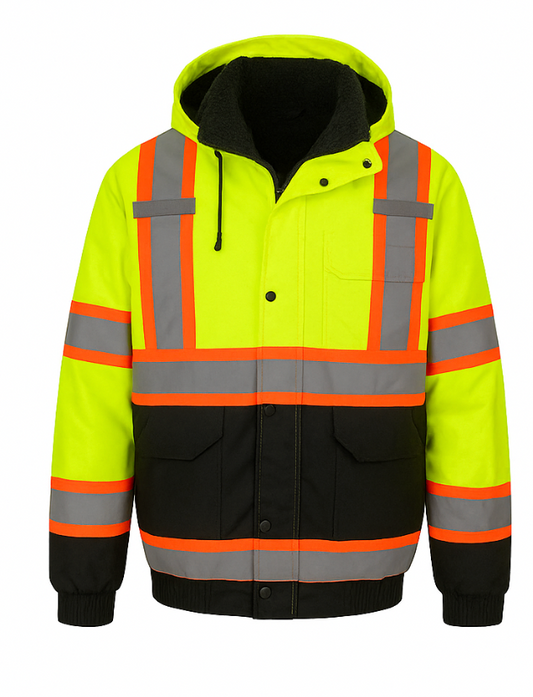 High-visibility safety jacket with reflective stripes on a white background