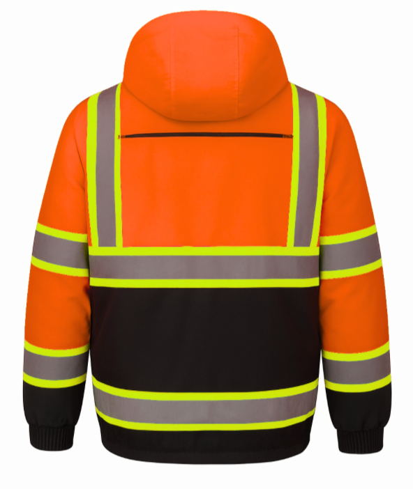 Orange safety jacket with reflective stripes on a white background